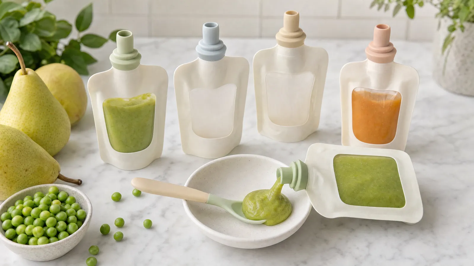 Four reusable baby food pouches with pastel silicone spouts standing on a marble counter, two filled with green and orange puree, and a fifth pouch tipped over squeezing pea puree onto a soft-tipped baby spoon in a small ceramic bowl