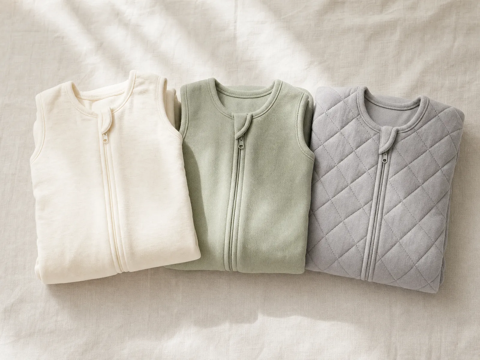 Three folded baby sleep sacks in different fabric weights laid out on pale linen