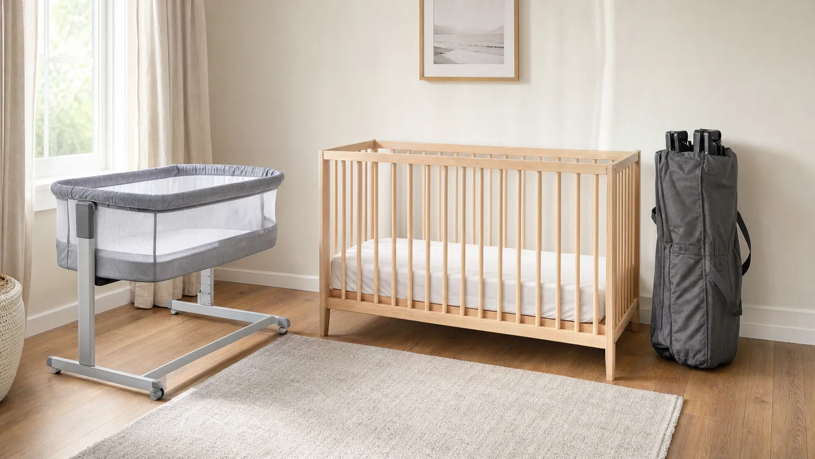A bedside bassinet, a wooden crib and a folded travel play yard side by side in a bright nursery