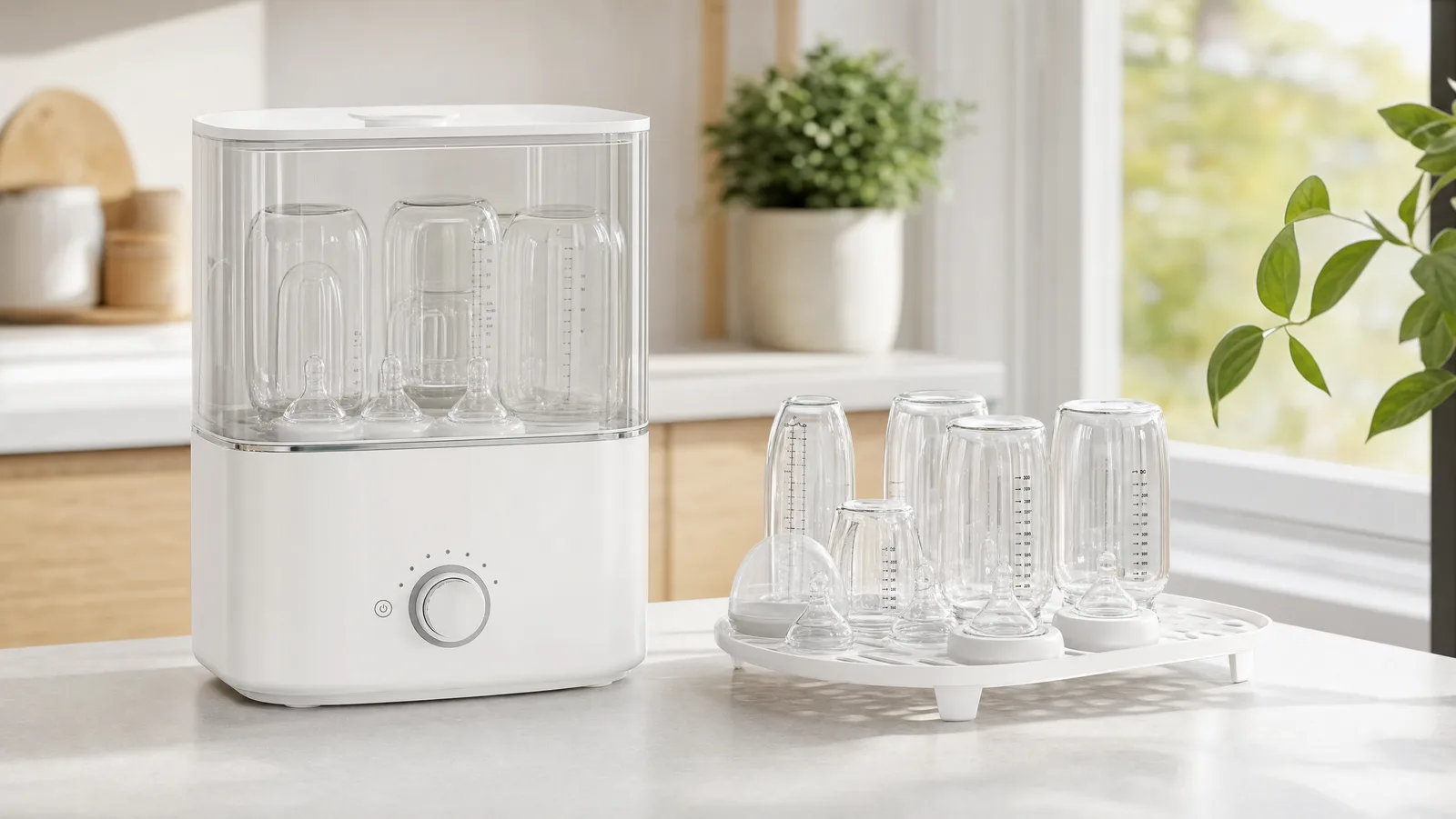 A bottle sterilizer and dryer with clean glass baby bottles on a bright kitchen counter