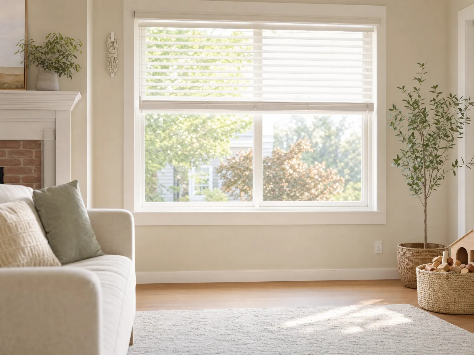 A bright living room window with the blind pull cord wound and secured high on a wall cleat, well out of a child's reach