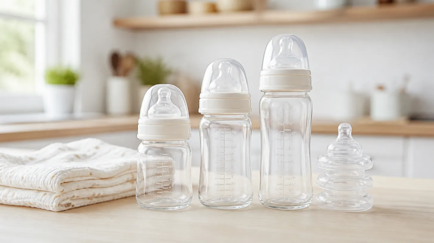 Three clean baby bottles of ascending size on a pale wooden kitchen counter with their volume markings visible, a folded muslin cloth and spare nipples alongside