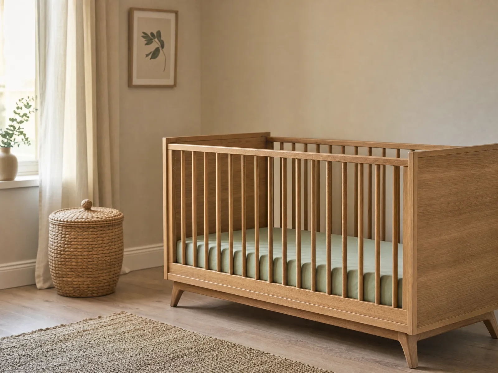 A crib with a bare firm mattress and a single fitted sheet in a softly lit nursery, with nothing else in the sleep space
