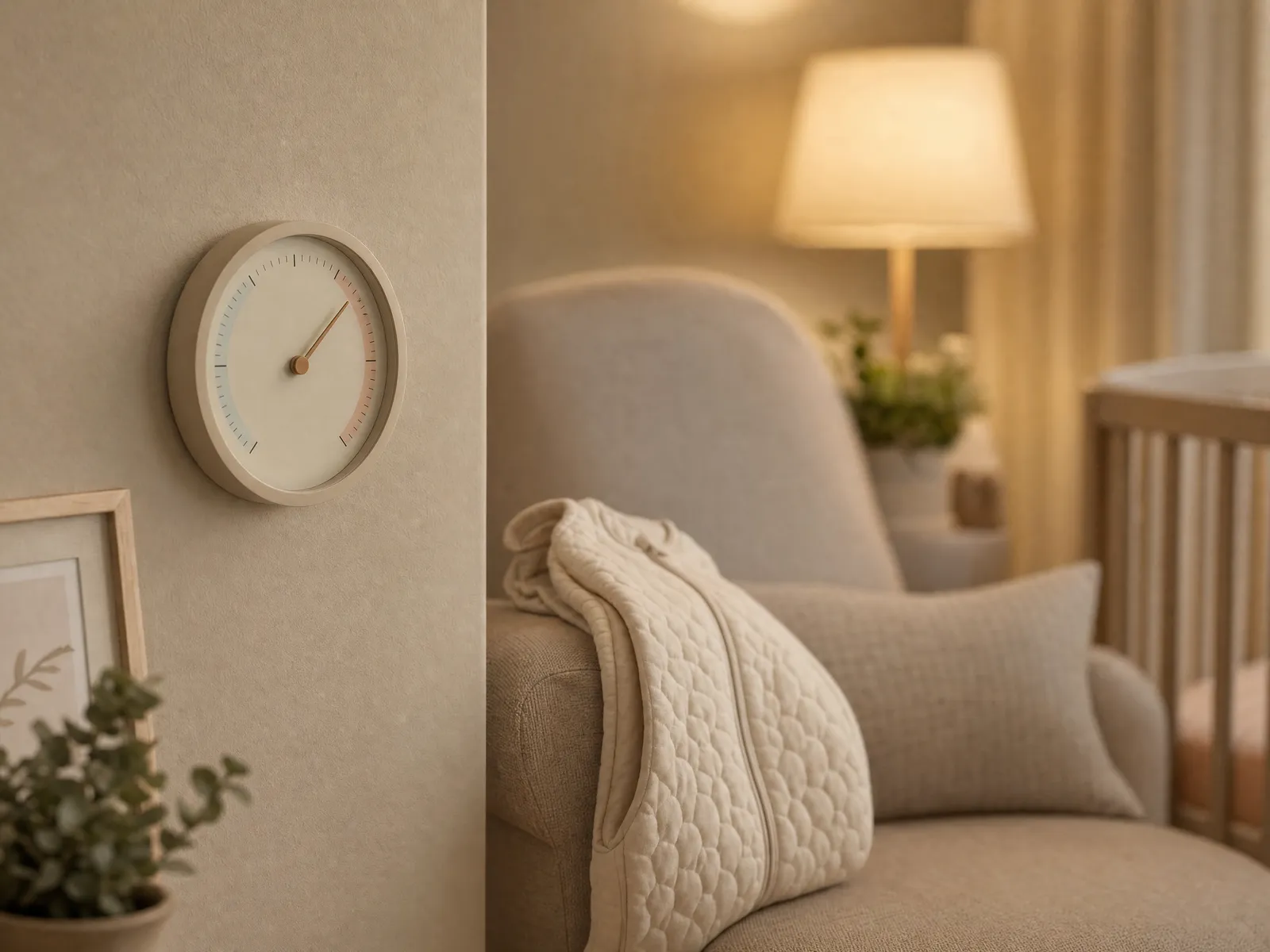 A nursery wall thermometer beside a folded quilted sleep sack draped over a nursery chair