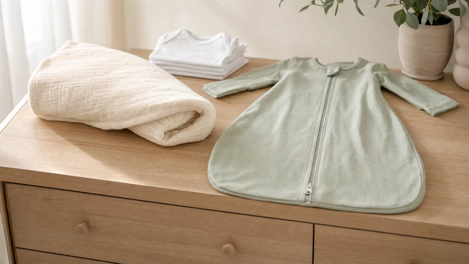 A folded muslin swaddle beside an arms-out transitional sleep sack on a nursery dresser in morning light