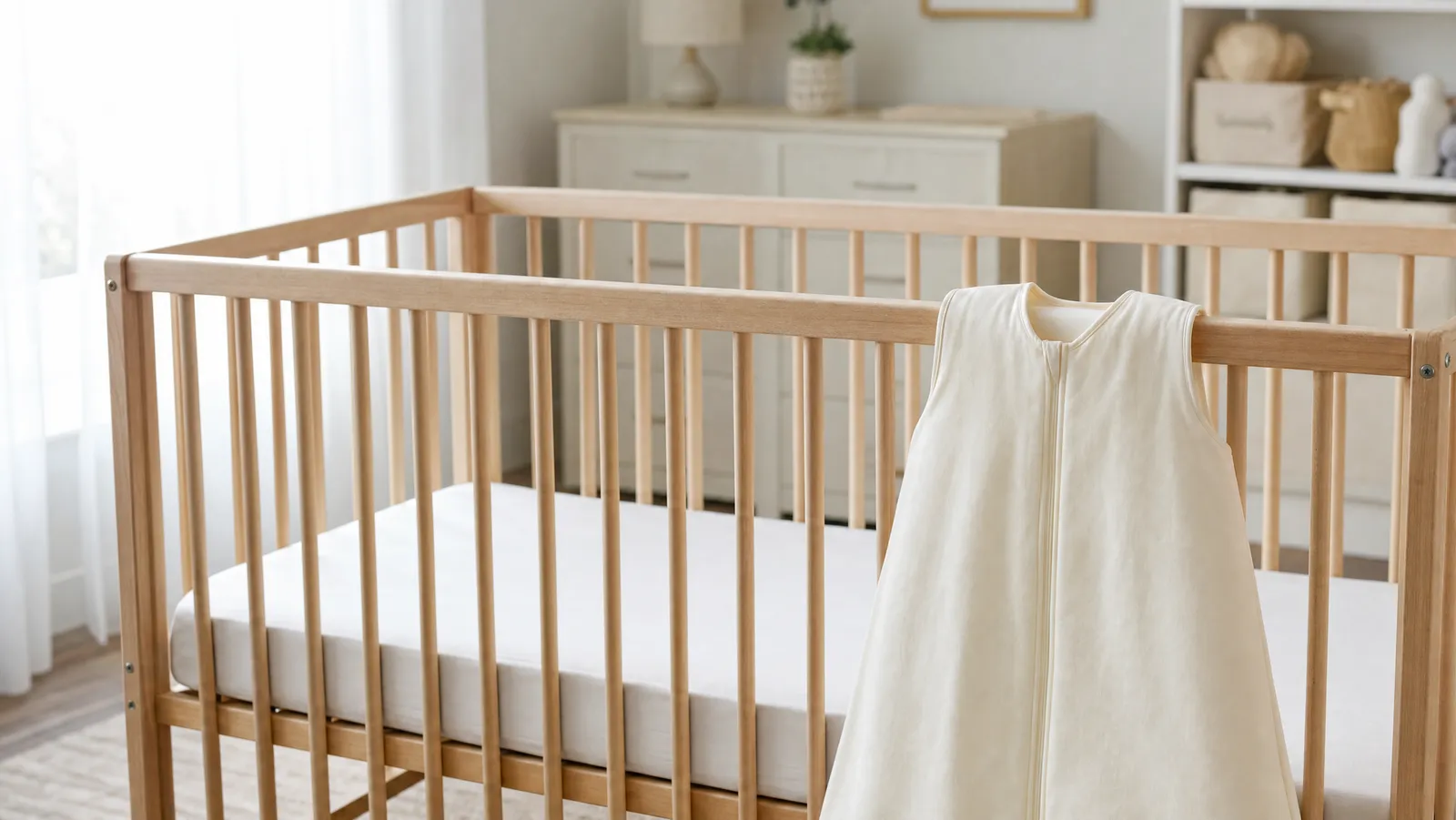 An empty crib with a bare fitted sheet and a plain unweighted sleep sack draped over the rail